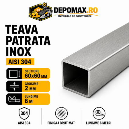Teava patrata inox AISI 304, 60 x 60 x 2 mm, 6 metri
